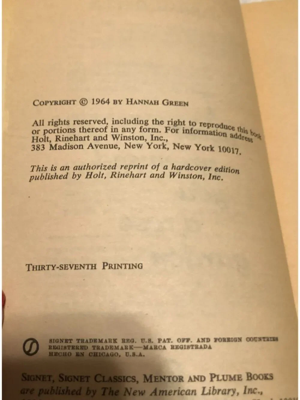 I Never Promised You a Rose Garden Paperback 1964 by Hannah Green Signet Press